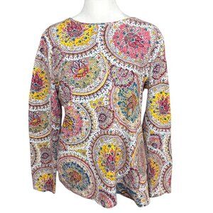 Talbots Petite LP Long Sleeve Tee Floral Medallion Print Pink Yellow
